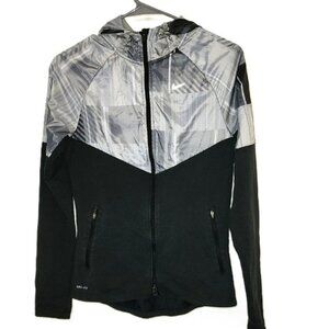 Nike Women's DRI-FIT Black Gray Hooded Full Zip Fanatic Running Jacket Small
